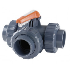 Кран шаровый трехходовой ПВХ 75 под клей, тип - T, Hidroten, Испания 111V047